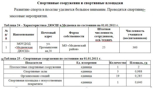 Таблица 24 – Характеристика ДЮСШ п.Медвенка по состоянию на 01.01.2011 г.